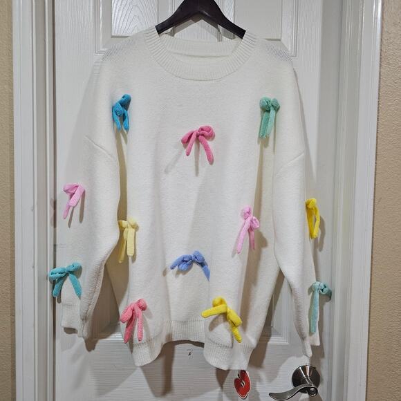 Cider Oversized Cream Bow Sweater Multicolored Applique Size M - Picture 8 of 8
